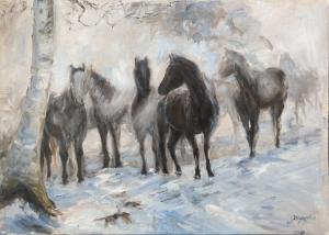 Paarden in de mist 
Acryl op canavasboard 60 x 90 cm


